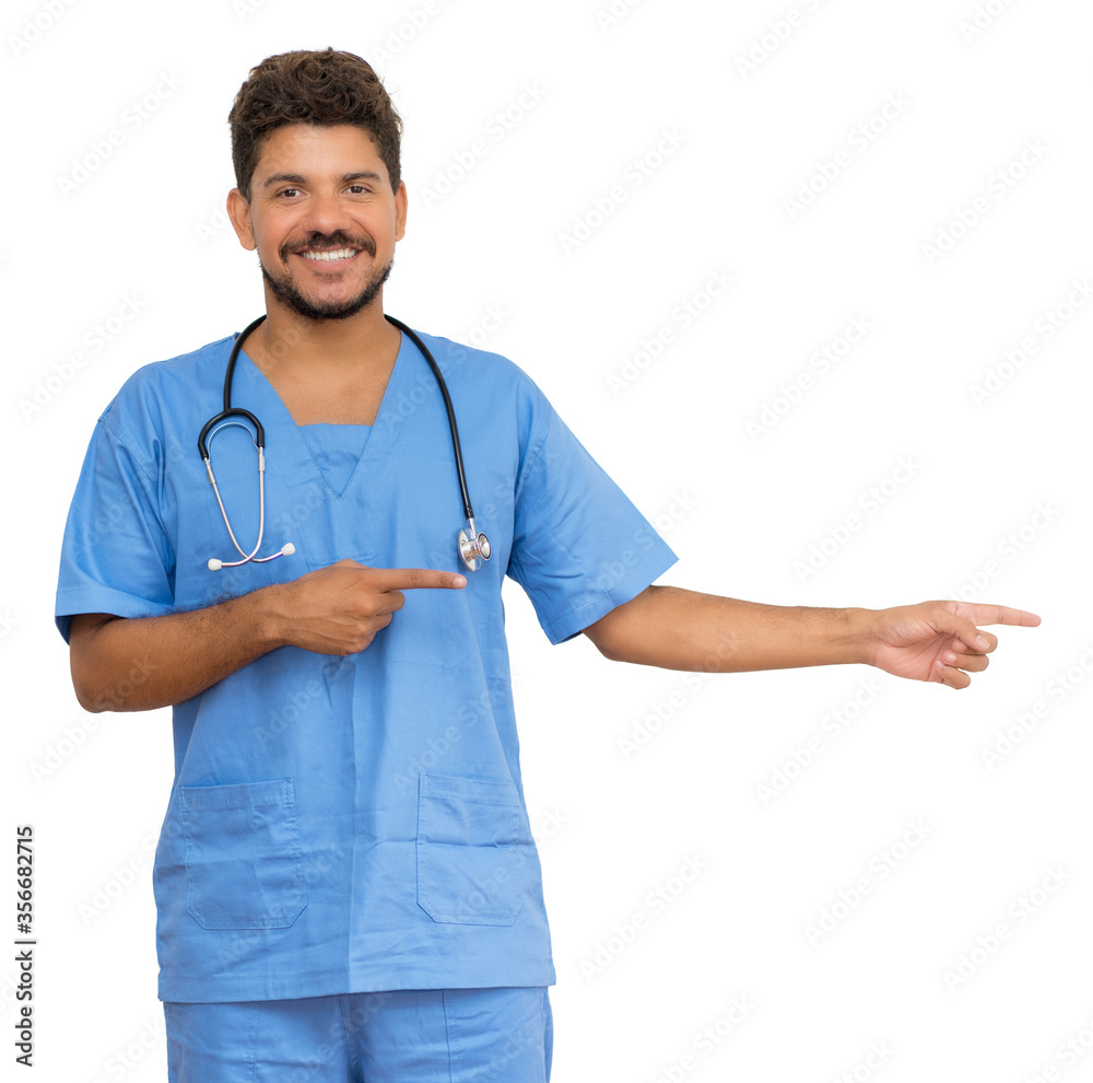 Hispanic male doctor with beard pointing sideways Hispanic male doctor with beard pointing sideways