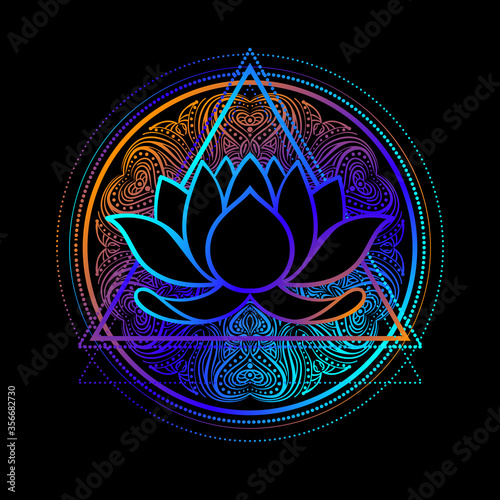 Lotus, Sacred Geometry. Ayurveda symbol, harmony, balance, universe. Tattoo flesh design, yoga logo. Boho print, poster, t-shirt textile. Anti stress book. Isolated vector illustration