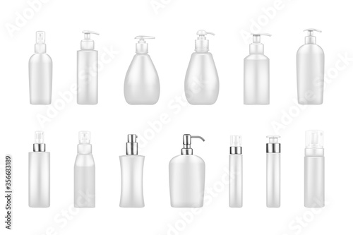 Set of white pump bottle mockups: serum, moisturizer, soap, cream, sanitizer. Plastic package design with silver elements. Cosmetic, hygiene template. Set of isolated 3d realistic vector illustrations