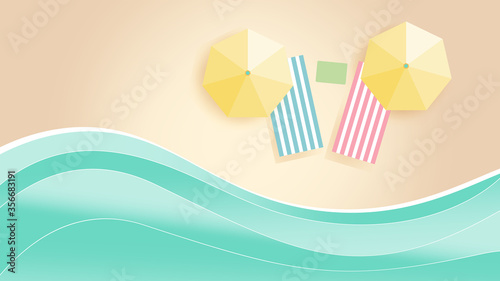Relax concept,top view beach background with beach chairs,umbrellas and sea, soft pastel color, aerial view of summer beach, paper cut and craft style,  vector illustration for graphic design