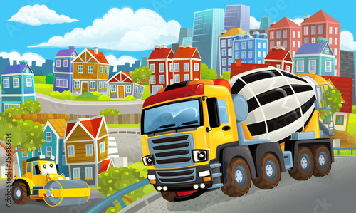 cartoon happy and funny scene of the middle of a city with concrete mixer and with cars driving by - illustration © honeyflavour