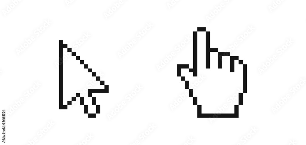 Mouse arrow pointer. Hand click icon in pixel Mouse arrow pointer. Hand click icon in pixel