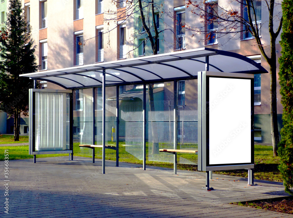 bus shelter with blank poster and advertising billboard sign
