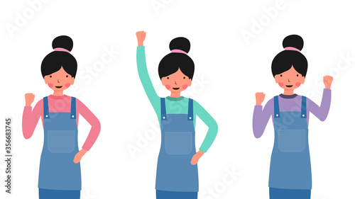 Set of cute characters are fists and lifts up wearing apron ,relax color concept,pink cheek,rosy cheek,soft pastel color,vector illustration for graphic design,textile pattern,background,poster,card