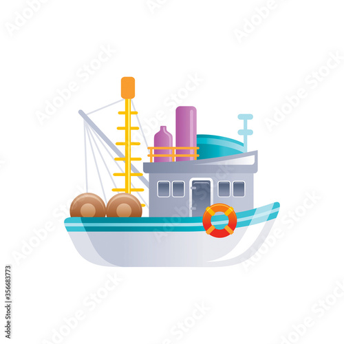 Cartoon retro fishing bppoat icon.Vintage trawler ship for logo, sea travel, cruise and water transport design. Flat vector illustration isolated on white background.