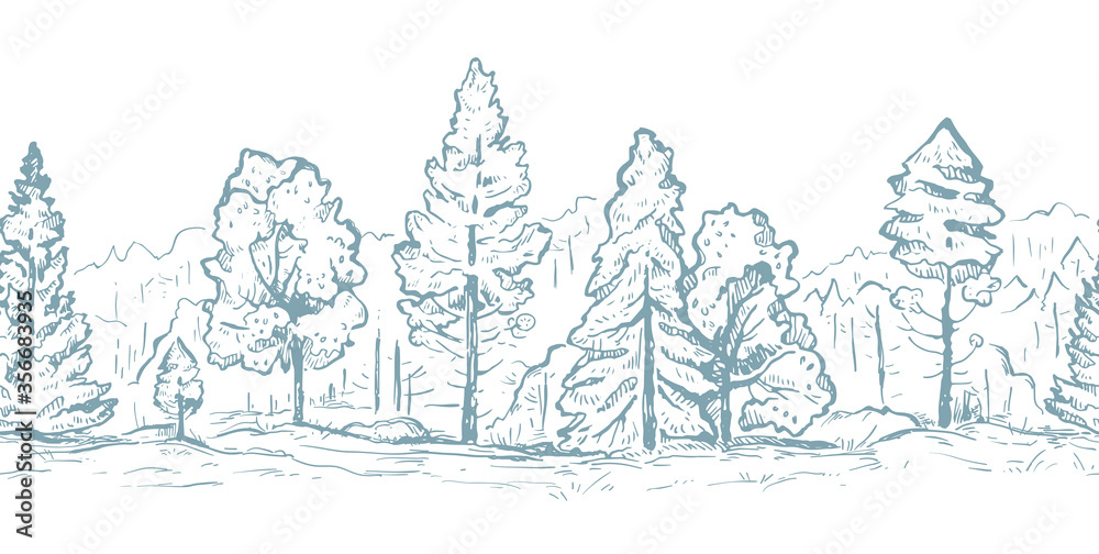 Forest hand drawn graphic seamless vector sketch pattern. Fir trees and deciduous trees in gray color.