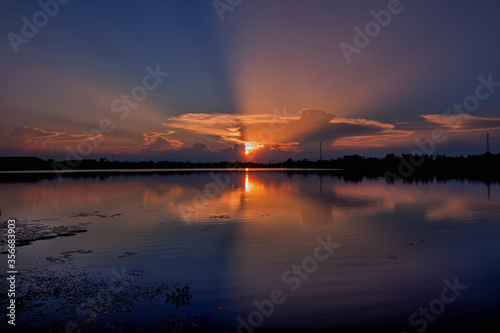 sunset with blue sky and water reflection