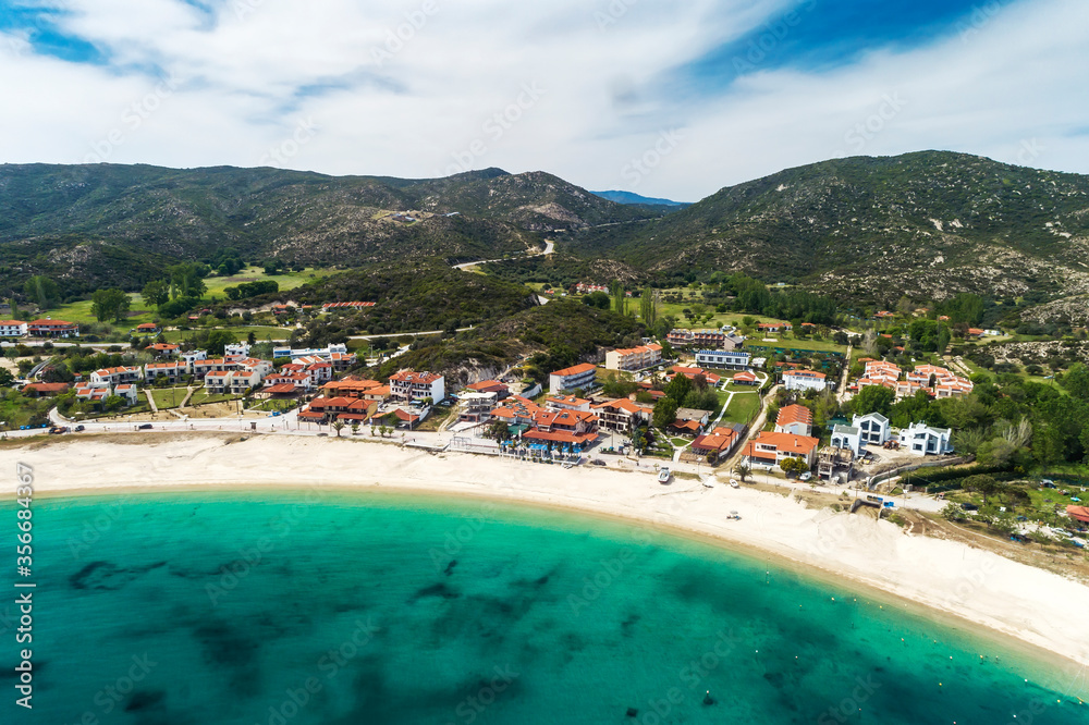 Aerial view of Kalamitsi beach on the Sithonia peninsula, in the Chalkidiki , Greece