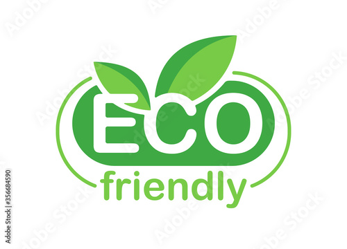 Eco-friendly badge (sticker) for healthy or natural food products, cosmetics or technology packaging marking - abstract green eco emblem with plant leaves 