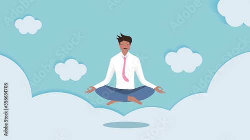 relax color concept, cute businessman character are meditate and floating on cloud background, soft pastel color, pink/rosy cheek, vector illustration for graphic design,website or business banner