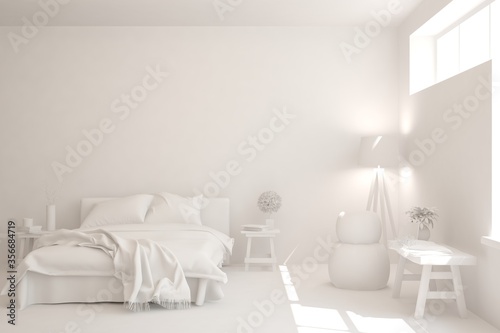 Modern bedroom in white color. Scandinavian interior design. 3D illustration © AntonSh