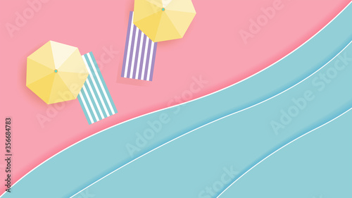 Relax concept,top view beach background with beach chairs,umbrellas and sea, soft pastel color, aerial view of summer beach, paper cut and craft style,  vector illustration for graphic design