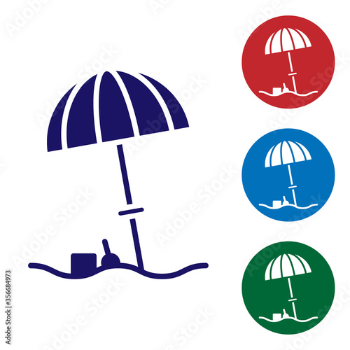 Blue Sun protective umbrella for beach icon isolated on white background. Large parasol for outdoor space. Beach umbrella. Set icons in color square buttons. Vector Illustration