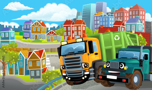 Fototapeta Naklejka Na Ścianę i Meble -  cartoon happy and funny scene of the middle of a city with dumper truck and with cars driving by - illustration