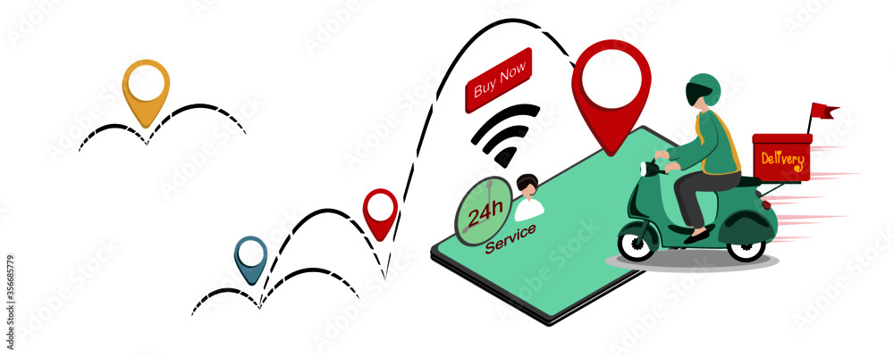 Fototapeta premium fast delivery by scooter on mobile. E-commerce, food online order. Digital technology smartphone payment online shopping. Transportation Logistic by motorcycle service.