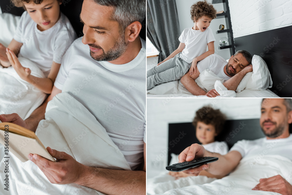 collage of father reading book holding remote controller and lying in bed near curly son collage of father reading book holding remote controller and lying in bed near curly son