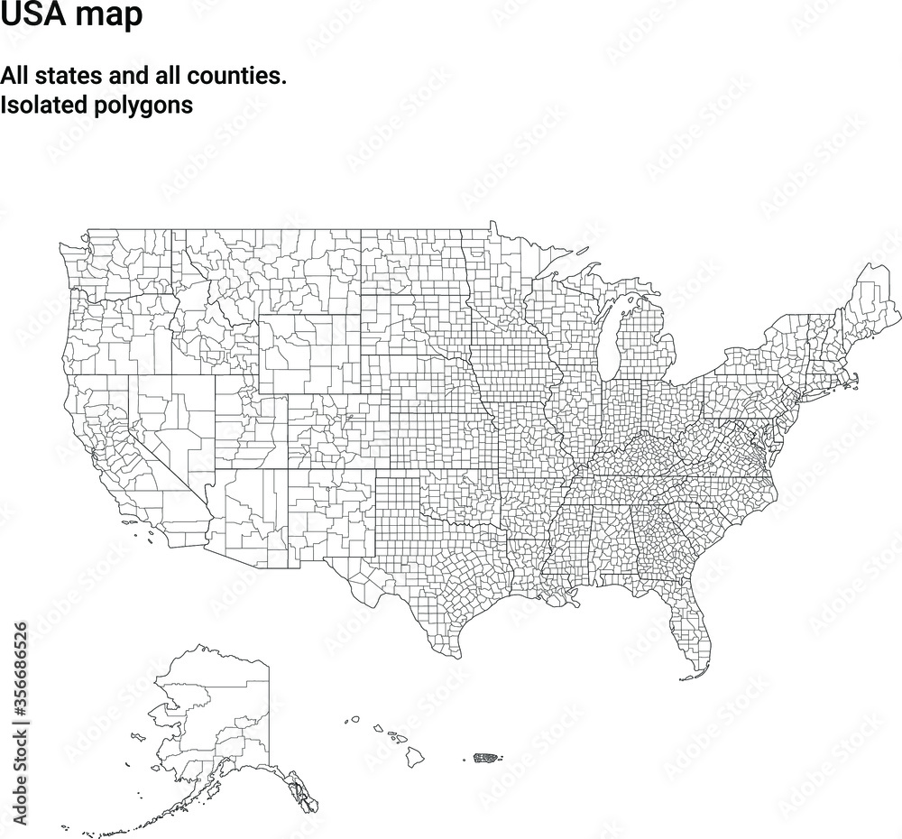 Map of USA with all states and all counties. Light. Isolated polygons