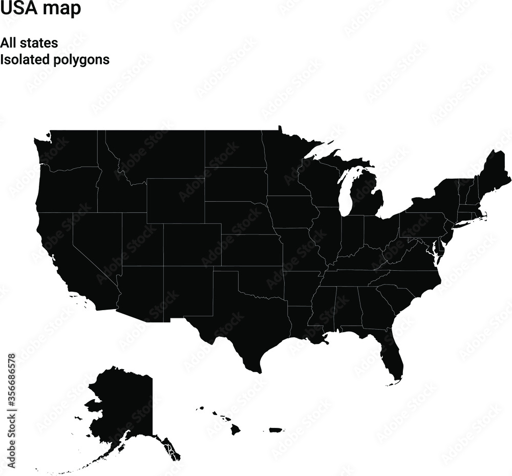 Fototapeta premium Map of USA. Black. Isolated polygons