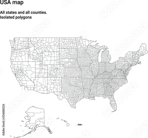 Map of USA with all states and all counties. Light. Isolated polygons