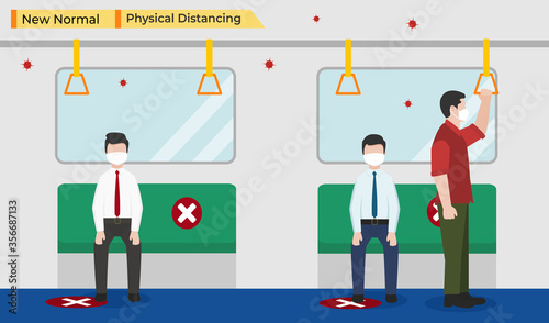 Vector illustration of business people Go to work on the train, keep physical distancing and wearing protective medical mask for prevent virus in public transportation on a New Normal day