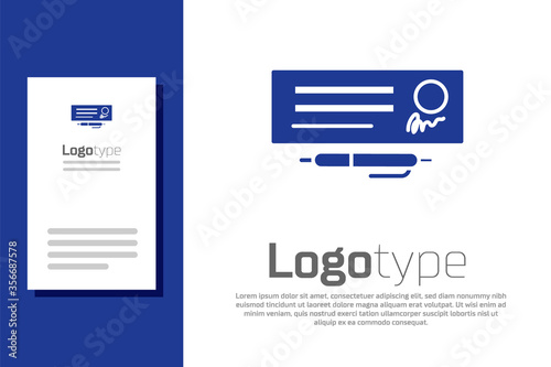 Blue Blank template of the bank check and pen icon isolated on white background. Checkbook cheque page with empty fields to fill. Logo design template element. Vector Illustration