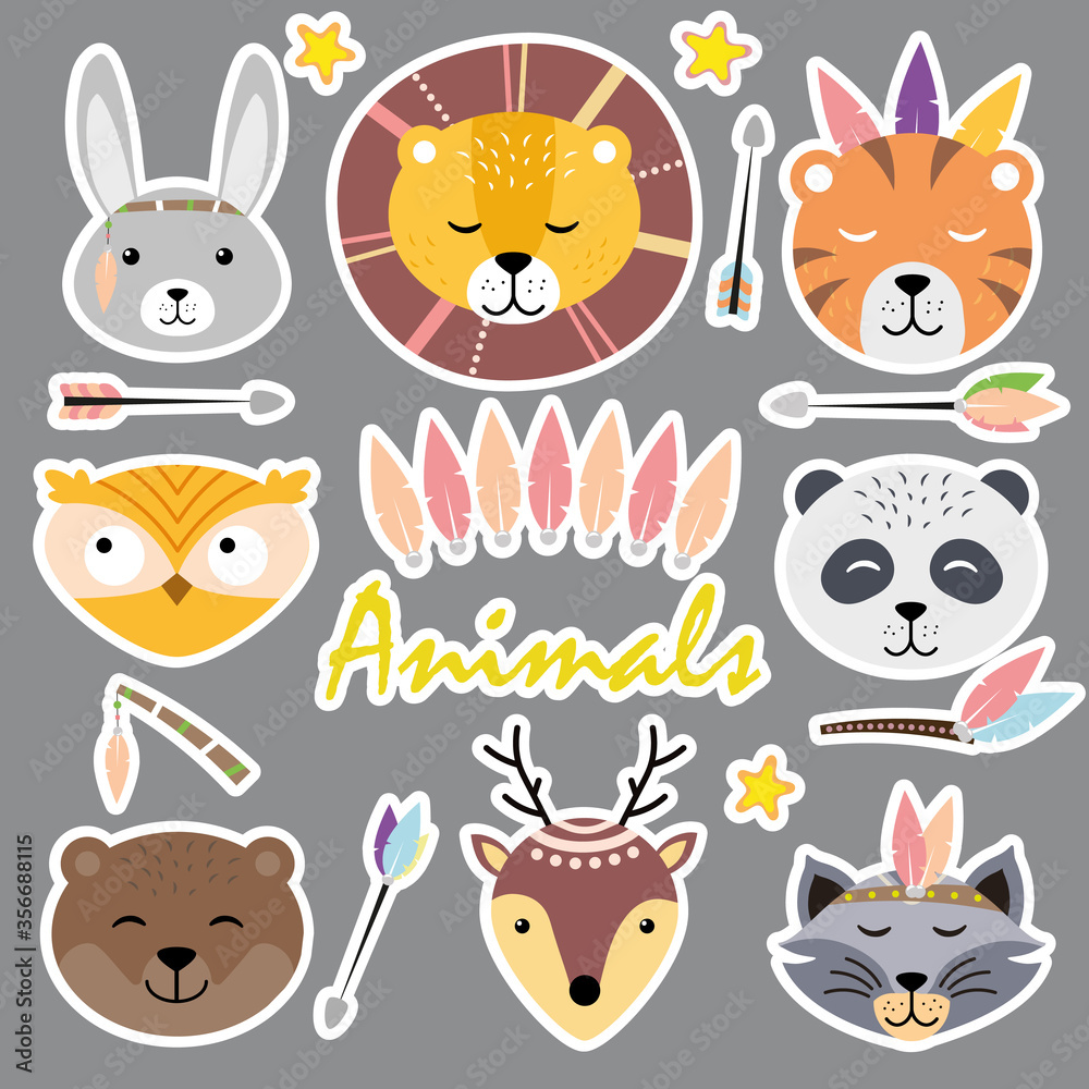 Cute animal faces. Hand drawn characters. Hare, lion, tiger, panda, owl, bear, raccoon, deer. Different animal characters Cute animal faces. Hand drawn characters. Hare, lion, tiger, panda, owl, bear, raccoon, deer. Different animal characters