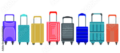Vector set of multi-colored suitcases for travel. A collection of eight  different designs of Luggage for vacation. Funny colorful travel bags for a holiday by the sea.  Illustration in flat style.