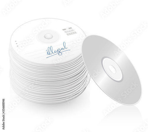 Illegal copy, bootlegs, pirate copies, pile of CDs, compact disc tower, many DVDs - isolated vector illustration on white background.
