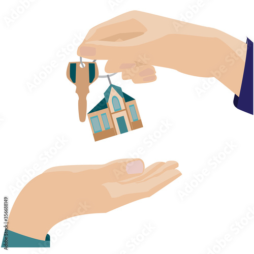 Vector illustration real estate concept in flat style. Hands giving keys with small house key ring given from one hand to another.  Businessman hands giving key for house,successful investment concept
