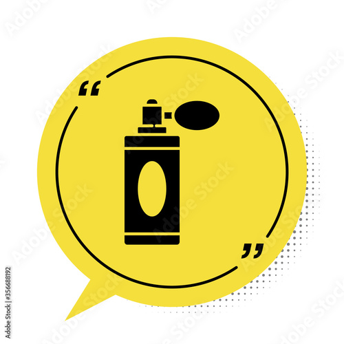Black Aftershave bottle with atomizer icon isolated on white background. Cologne spray icon. Male perfume bottle. Yellow speech bubble symbol. Vector Illustration