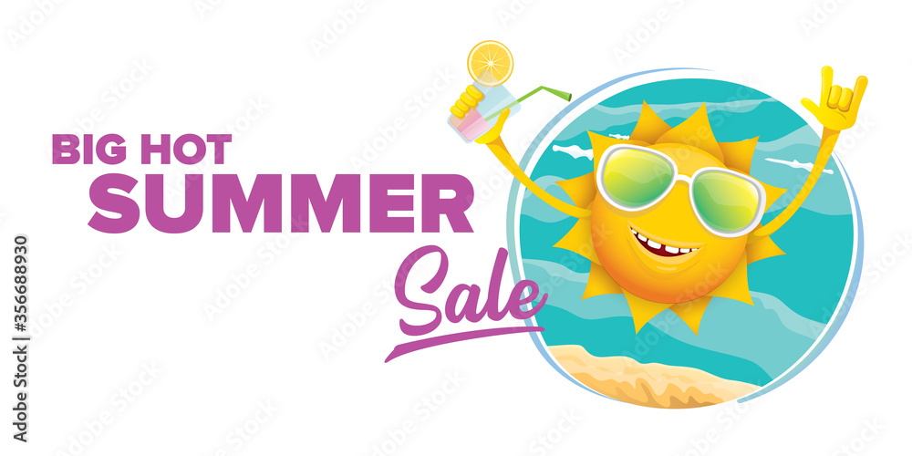 summer sale horizontal web banner or vector label with summer happy sun character holding cocktail