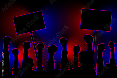 Public protests. Silhouettes of hands with posters on the background of flashing lights of police cars. Vector