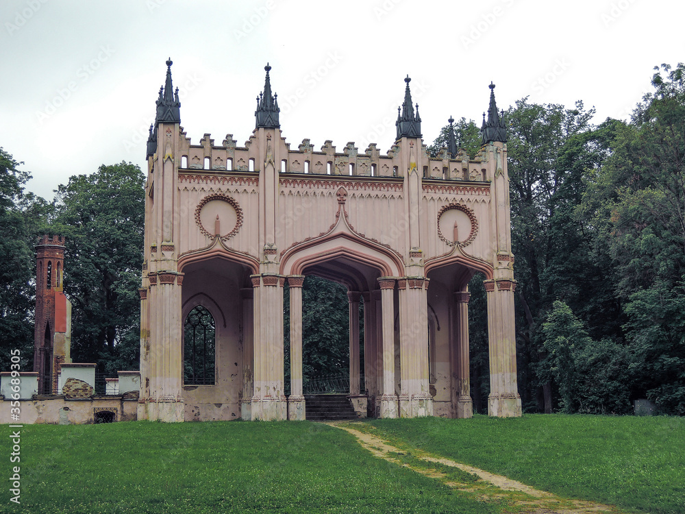 Scenic ruins of a neo-gothic palace, Dowspuda, Poland