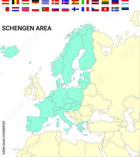 Map of Europe with the Schengen Area countries and flags