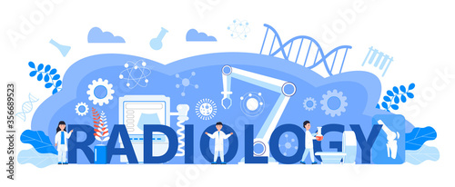 Radiology and radiologist concept vector for medical website header. X-ray image and scanning of patient in clinic. Ultrasound and tomography machines are shown.