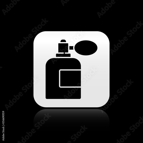 Black Aftershave bottle with atomizer icon isolated on black background. Cologne spray icon. Male perfume bottle. Silver square button. Vector Illustration