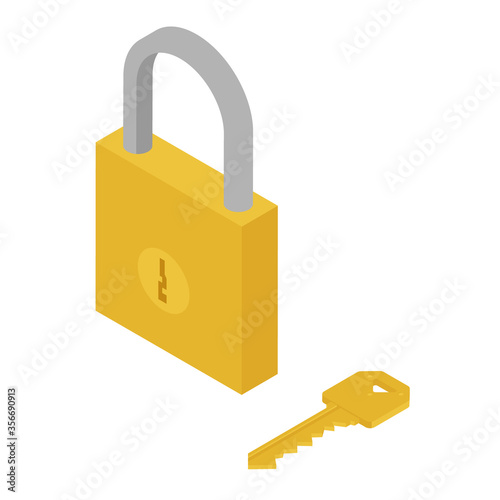 Golden locked padlock and key isometric view isolated on white background.