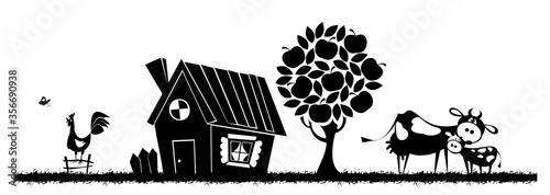 Rural landscape. Cow with calf. Vector illustration.