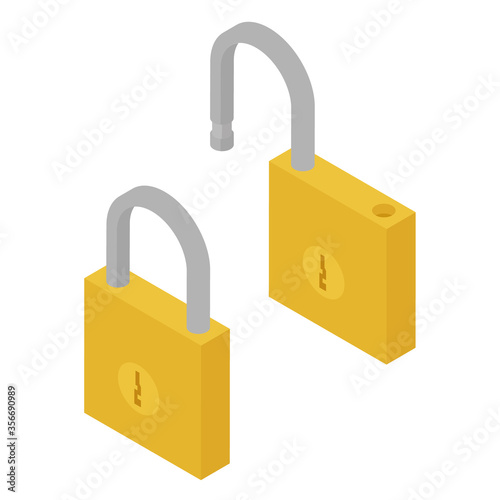 Locked and unlocked padlock isolated on white background isometric view. Lock vector icons