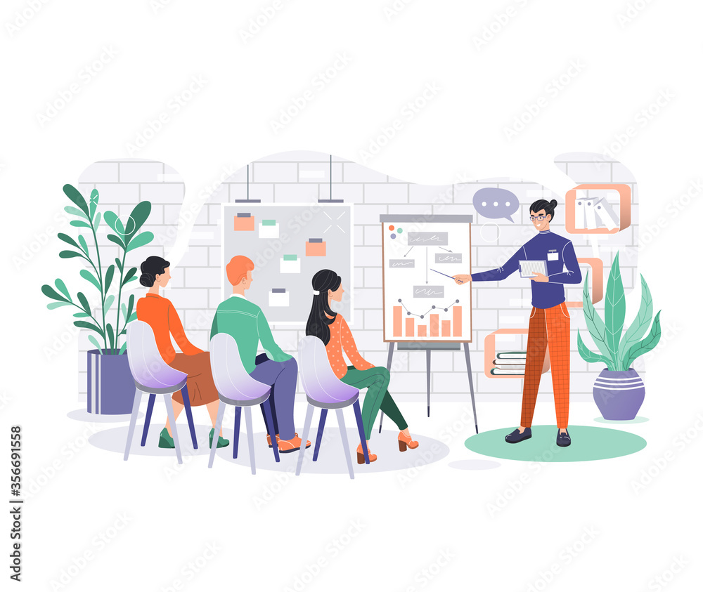 Office business characters vector illustration. Cartoon flat smiling business people having board meeting in office room, businessman giving startup presentation, analyzing data isolated on white