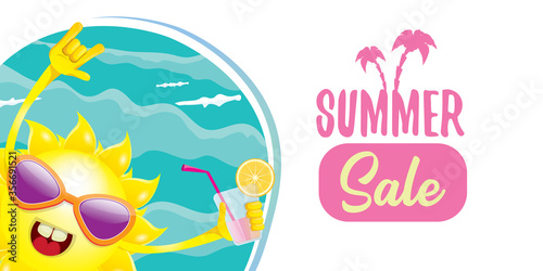 summer sale horizontal web banner or vector label with summer happy sun character holding cocktail © zmiter