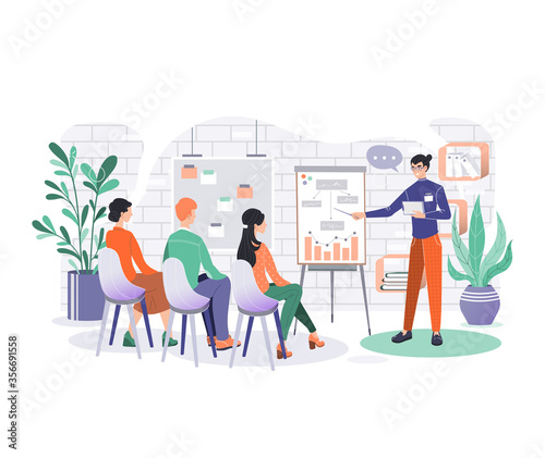 Office business characters vector illustration. Cartoon flat smiling business people having board meeting in office room  businessman giving startup presentation  analyzing data isolated on white