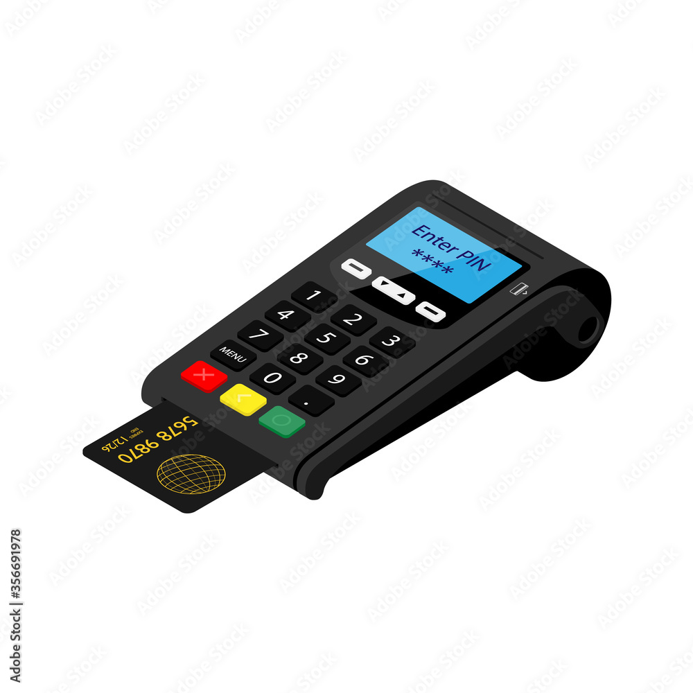 New smart POS terminal payment machine with bank credit card isolated on white background. Bank Payment Terminal. Processing payment device. Isometric view New smart POS terminal payment machine with bank credit card isolated on white background. Bank Payment Terminal. Processing payment device. Isometric view