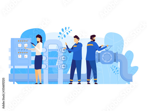 People work in oil gas industry vector illustration. Cartoon flat man worker characters working on pipeline, opening valve, woman controlling production and transportation operation isolated on white