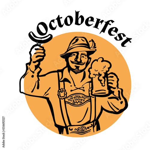 Oktoberfest text above heerful Bavarian man with beer mug and sausage. October fest beer emblem. Hand drawn vintage vector illustration.