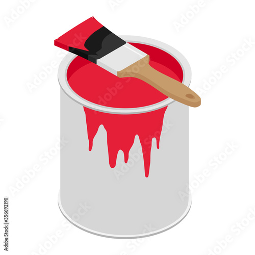 Metal paint can with red paint and paintbrush with wooden handle vector illustration