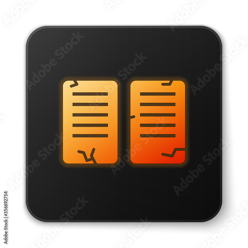 Orange glowing neon The commandments icon isolated on white background. Gods law concept. Black square button. Vector Illustration