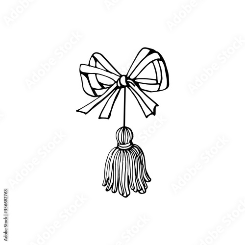 Monochrome tassel with bow knot design element. Vector illustration.