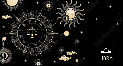 Zodiac background. Libra zodiac sign. Horizontal banner.