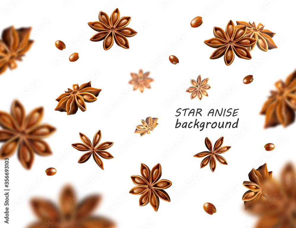 Falling star anise background. Flying star aniseed on a white backdrop.